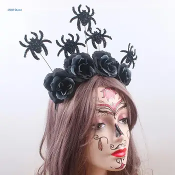 Диадемы и короны на Хэллоуин, повязка на голову с гало-цветами, повязка в виде паука, обруч для волос, повязки для волос для фотосессии на Хэллоуин Изображение