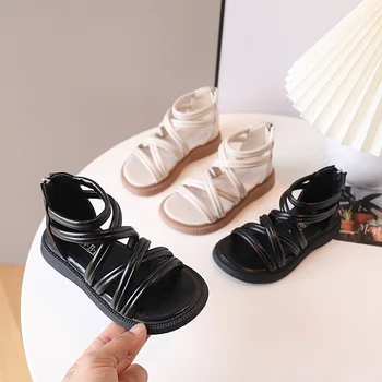 Римские Сандалии Для девочек; Летняя Новинка 2023 года; Модная Детская обувь; Обувь Принцессы С Высоким Берцем и Открытым носком; Высококачественная Пляжная обувь На Плоской подошве Изображение
