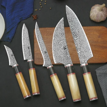 BIGSUNNY ножи ручной работы Филейный нож 5 шт. набор ножей с рукояткой из дамасской верблюжьей кости Изображение