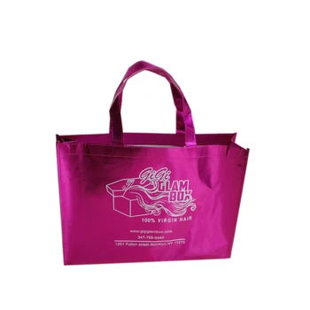 Оптовая продажа 500 шт. / лот Изготовленные на заказ Розовые Блестящие Металлические нетканые сумки для покупок с ручками, экологически Чистые прочные сумки из ламинированной ткани Изображение