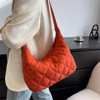 Женские Мягкие нейлоновые боковые сумки 2023, Новые модные стеганые Большие сумки, женские сумки через плечо, дизайнерские повседневные Оранжевые Изображение