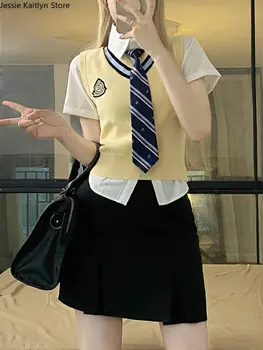 Корейская школьная форма Kawaii, женский свитер, жилет и мини-юбка, униформа JK, Японская школьница, аниме-косплей, выпускная форма для выпускного вечера Изображение