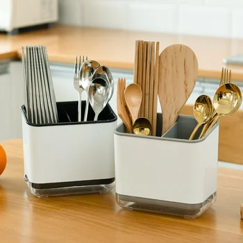 Коробка-органайзер для кухонных столовых приборов, Пластиковое Ведро для хранения посуды, Компактная Съемная Подставка для палочек для еды, ложек и ножей, сушилка для слива Изображение