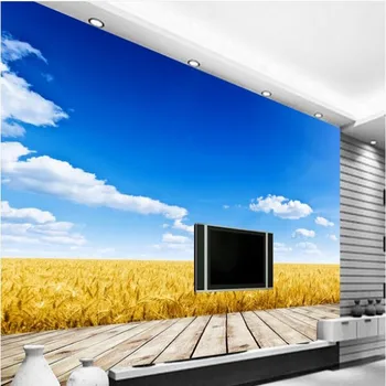 wellyu Пользовательские крупномасштабные фрески золотое пшеничное поле голубое небо и белые облака ТВ обои обои papel de parede Изображение