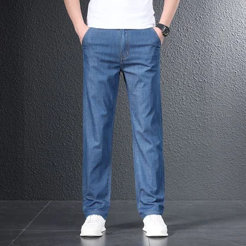 Летние тонкие мужские джинсы 2023, Деловые повседневные Свободные мужские брюки с прямыми штанинами, Универсальные эластичные длинные брюки Изображение