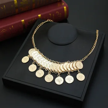 Sunspicems, курдское ожерелье с монетой-тотемом для женщин, турецкие свадебные украшения, этнические цепочки, ожерелья, Металлическая монета золотого цвета, подвеска Изображение
