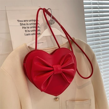 Темпераментная сумочка в форме сердца, женская сумка для вечеринок с бантом, однотонная сумка-мессенджер на одно плечо, женская помада, сумки для макияжа Изображение