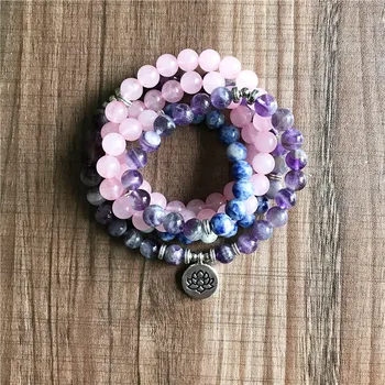 Браслет из 3 цветов 108 бусин Мала, фиолетовый кварц, содалит и браслет из розового кварца, исцеляющие браслеты, украшения для йоги Lotus Изображение
