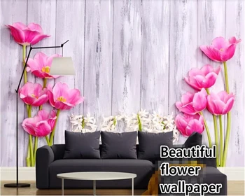 обои beibehang 3d Papel de parede 3d на заказ романтический цветок тюльпан деревянная доска обои фон обои домашний декор Изображение