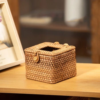 Элегантная Коробка для салфеток из Ротанга ручной работы, Контейнер для хранения Салфеток, Настольная Туалетная Бумага GXMA Изображение