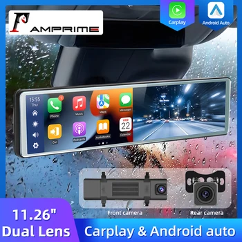 AMPrime 11,26-дюймовый Беспроводной CarPlay Mirror Dash Cam Android Auto Зеркало Заднего Вида Камера Для Вождения Рекордер Приборной Панели Автомобиля DVR Изображение