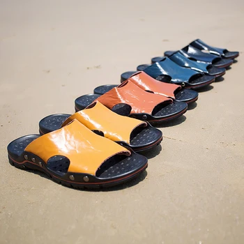 Летняя мужская обувь из натуральной кожи, модные противоскользящие тапочки, Пляжная обувь, брендовые вьетнамки, Мужские сандалии, мужские шлепанцы, большие размеры 38-48 Изображение