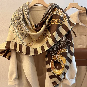 Шелковый шерстяной шарф и шали для женщин 135 *135, большой квадратный шарф, офисная шелковая шаль большого размера, женская обертка, подарок на День матери Изображение
