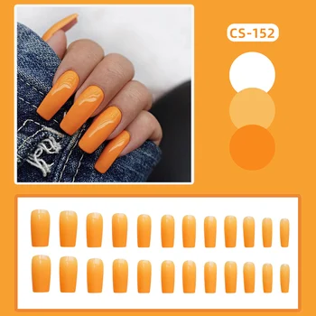 24шт Глянцевый флуоресцентный Оранжевый накладной ноготь, Квадратный длинный накладной ноготь для женщин, девочек, Искусственные ногти, Накладная Накладная накладка для ногтей Изображение