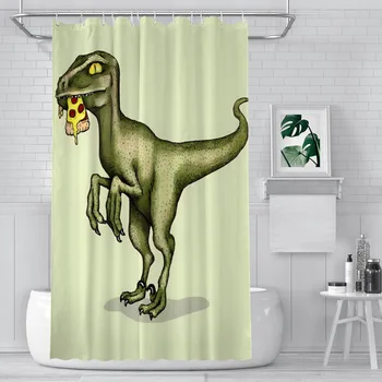 Динозавр-хищник, Поедающий кусочек пиццы Занавески для душа из водонепроницаемой ткани с динозавром Забавный декор ванной комнаты с крючками Аксессуары для дома Изображение