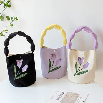 Женские маленькие сумочки с цветочной вышивкой, простые холщовые женские сумки подмышками, сумки на плечо, студенческие сумки из ткани с цветочным узором для девочек, сумка-кошелек Изображение