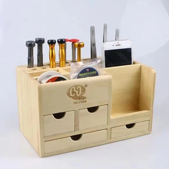 Многофункциональный Деревянный ящик для хранения MA YUAN, Отвертка, Пинцет, Держатель для мобильного телефона, Коробка для инструментов для ремонта рабочего стола Изображение