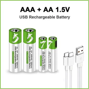 AA + AAA USB Аккумуляторная батарея 1,5 В AA 2600 МВтч/AAA 550 МВтч литий-ионные аккумуляторы для игрушек, часов, MP3-плеера, термометра + Кабель TYPE-C Изображение