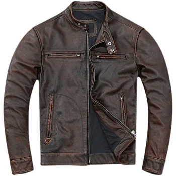 Кожаная куртка из потертой воловьей кожи в стиле ретро, мужская куртка из натуральной кожи, мотоциклетная куртка, молодежное приталенное пальто без подкладки, модное пальто Изображение