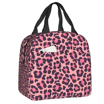 Коралловый и розовый леопардовый принт, изолированная сумка для ланча на работу, школьный холодильник, термобокс для Бенто, женская Детская сумка-тоут Изображение