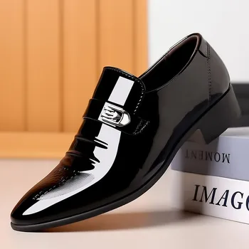 Кожаная обувь мужская новая деловая формальная повседневная демисезонная дышащая мужская свадебная обувь жениха в британском стиле с заостренной головкой M837 Изображение