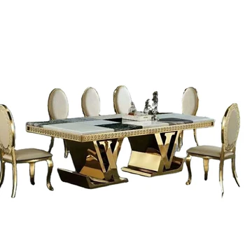 Роскошный Прямоугольный Мраморный обеденный стол с резными краями, Золотая латунь, Свадебный стол из нержавеющей стали в отеле Изображение