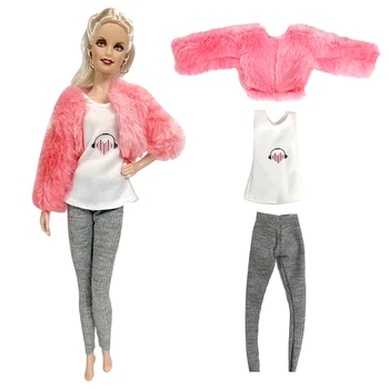 NK 3 предмета/ комплект Модное платье, розовая шаль + рубашка + брюки, повседневная одежда для Барби, аксессуары для кукол, игрушки для кукол для девочек Изображение