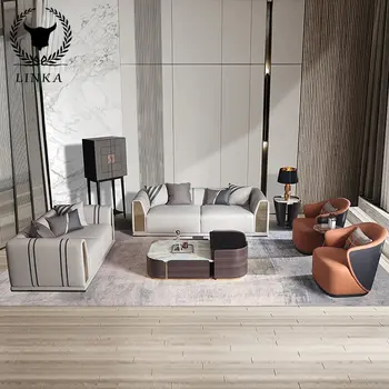 Итальянский роскошный диван из массива дерева, современный бытовой кожаный диван, чайный столик, простая мебель для гостиной Изображение