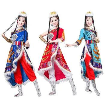 Женская этническая сцена Танцевальная одежда тибетской национальности фестиваль вечеринка народные танцевальные костюмы Тибетское платье Изображение
