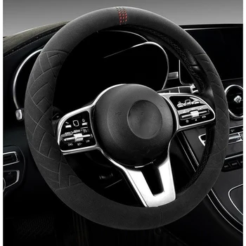 Черная крышка рулевого колеса автомобиля, 38 см, универсальная крышка рулевого колеса из воловьей кожи и замши, подходящая для интерьера 99% автомобильных аксессуаров Изображение