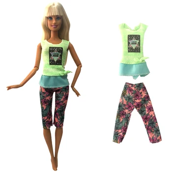 NK 1 комплект модной одежды принцессы длиной 30 см, флуоресцентный зеленый жилет, повседневные брюки средней длины с принтом для аксессуаров для Барби, кукольный подарок Изображение