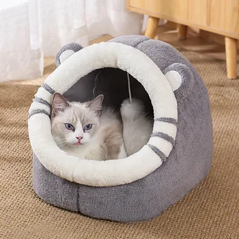 Мягкая плюшевая кошачья кровать, корзина для подушек с пушистым котенком, уютная подушка для домашних животных, теплый шезлонг для маленькой собаки, коврик для кошачьей пещеры, диван-палатка, кровати Изображение