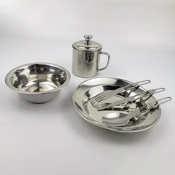 Посуда Набор походной посуды из нержавеющей стали легкого полированного многоразового использования для приготовления пищи на открытом воздухе Включает тарелку, миску, чашку, ложку Изображение