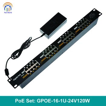 GPOE-16-1U-24V120W Пассивный 16-портовый инжектор PoE со скоростью передачи данных 1000 Мбит/с включает адаптер питания переменного тока напряжением 24 В 120 Вт Изображение