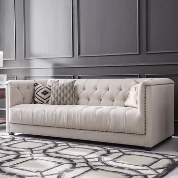 Американский диван из хлопка и льна для гостиной С высокой фигурой, маленькая квартира, прямой диван роскошного стиля с пряжкой Изображение