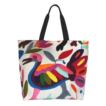 Сумки для покупок с мексиканской вышивкой Otomi, холщовые сумки с принтом, сумки через плечо для покупателей, портативная сумка с цветочным рисунком большой емкости Изображение