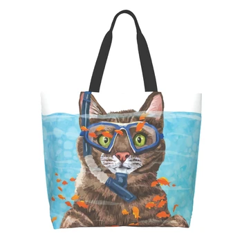 Сумка для покупок с забавными ныряющими кошками, многоразовая сумка-тоут с рыбками, акварельная сумка с животными, повседневная легкая сумка большой емкости Изображение