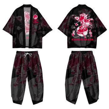 Костюм Хаори в японском стиле, Винтажное кимоно Юката и комплект брюк, мужская уличная одежда Харадзюку, кардиган с принтом Самурая, Черного кота Изображение