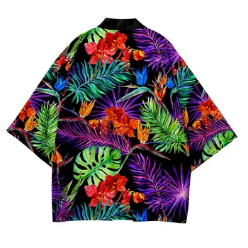 Мужское кимоно с принтом тропических растений, Японское Хаори, Летний свободный кардиган, женская модная пляжная рубашка оверсайз, юката Изображение