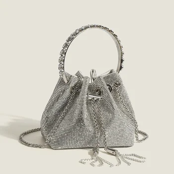Женская сумка-ведро с бриллиантами 2022 года, новая высококачественная текстура, цепочка с бриллиантами, портативная сумка-мессенджер на одно плечо, банкетная сумка Изображение