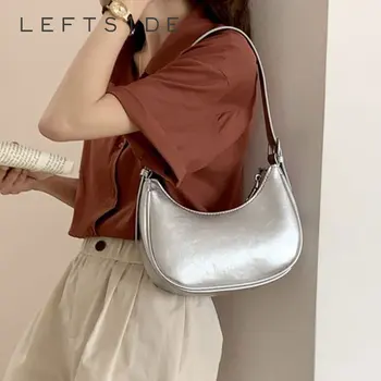 Маленькие серебряные кожаные сумки через плечо для женщин, тренд 2023, сумка через плечо, Корейская мода, сумки и кошельки в виде полумесяца Изображение