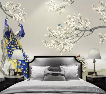 большая настенная роспись wellyu на заказ с китайской магнолией, птицей павлин, фоном для телевизора, обоями papel de parede Изображение