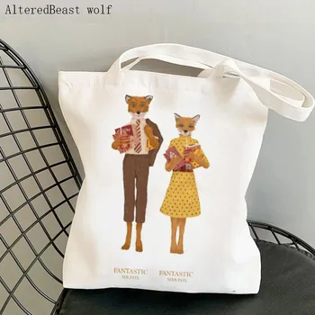 Женская сумка для покупок, фантастическая холщовая сумка с принтом мистера Фокса, холщовая сумка для покупок в Харадзюку, Рождественская сумка-тоут для девочек на плечо Изображение