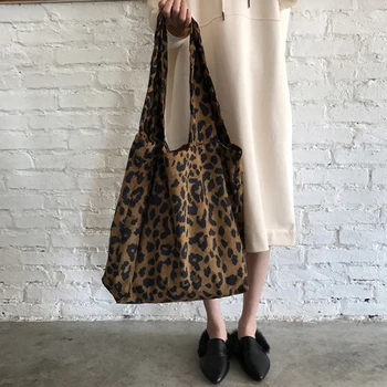 Женская вельветовая сумка с леопардовым принтом, повседневная сумка-тоут, хозяйственная сумка, сумки большой емкости, сумка-тоут 1 шт. Изображение
