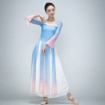 Женский танцевальный костюм в китайском стиле, весенне-осенний классический танцевальный костюм, элегантный базовый тренировочный костюм для девочек Изображение