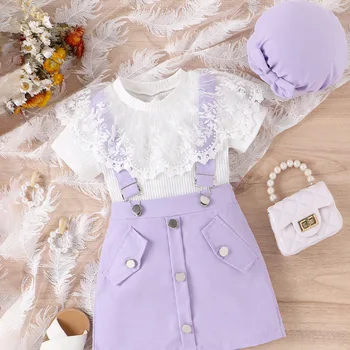 Комплекты одежды для девочек-принцесс, летняя кружевная футболка с короткими рукавами, однотонная юбка, шляпа, комплекты из трех предметов, детский костюм Изображение