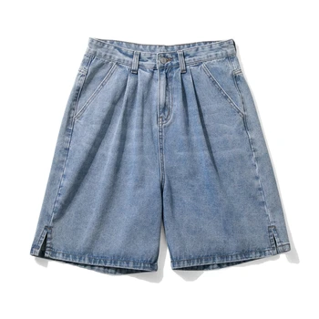Новые летние мужские синие мешковатые короткие джинсы в корейском стиле, уличная одежда, широкие джинсовые шорты, Черный Мужской бренд Изображение
