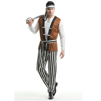 Роскошный Мужской костюм пирата с черепом на Карнавал, Хэллоуин, одежда для косплея, брюки, топ, жилет, головной платок, костюм с поясом Изображение