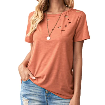Женская футболка, летняя стильная Открытая Однотонная Свободная женская футболка с круглым вырезом, короткий рукав, Милая женская одежда Изображение
