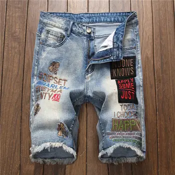 Рваные джинсовые шорты с европейской и американской вышивкой, джинсы, мужские свободные стрейчевые брюки из пяти частей, брюки с вышивкой в виде пчелиного значка Изображение